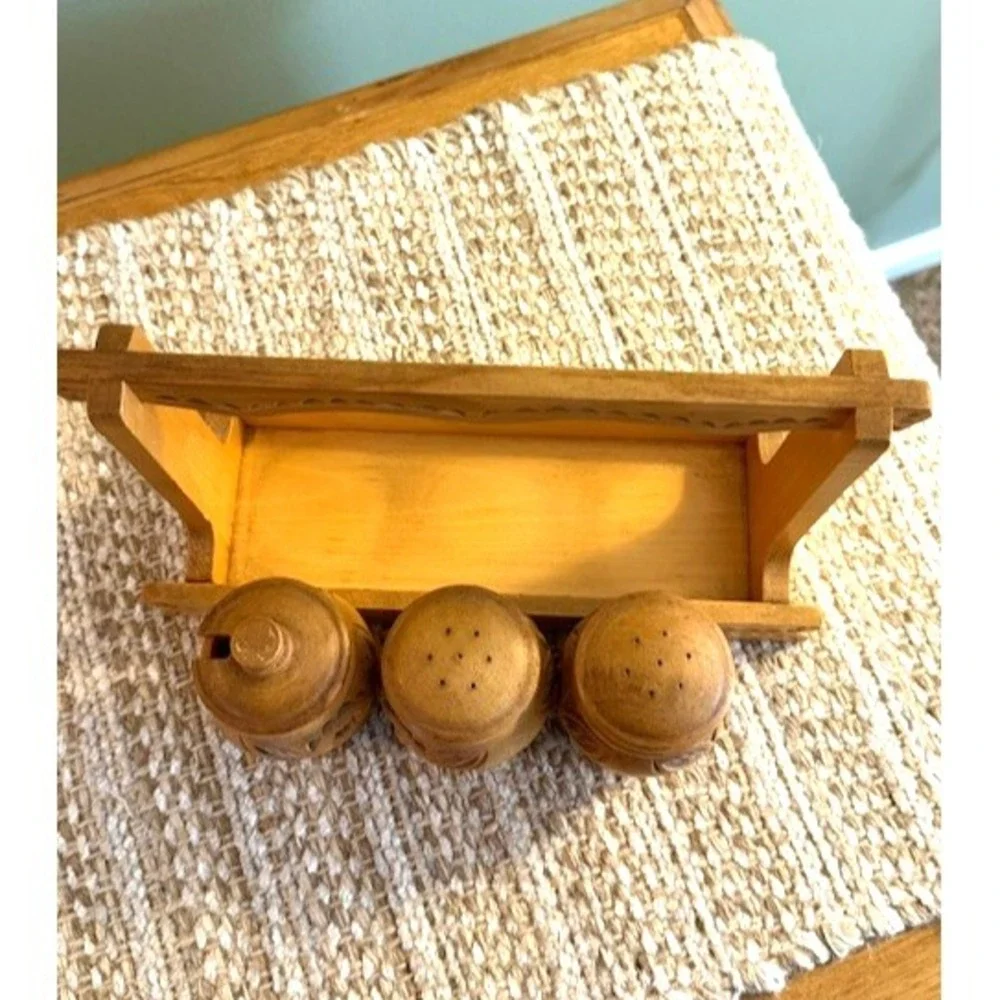 Vintage Hand Carved Wooden Condiments Set of 3 Carved Salt Pepper Caddy Tray